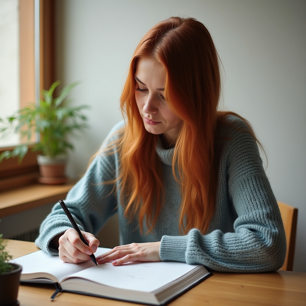 Persoană scriind într-un jurnal de autoevaluare la lumina naturală